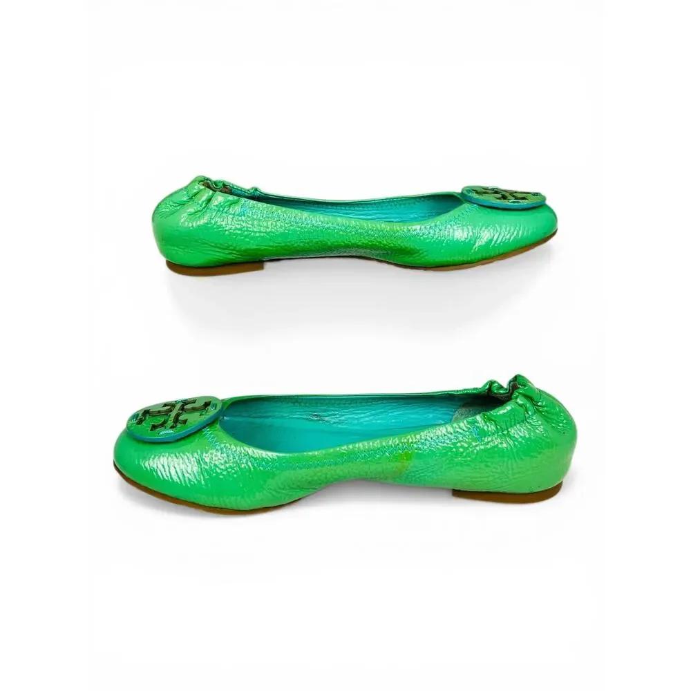 Tory Burch Caroline Green Leather Ballet Flats Size 6 Gold Logo Scrunch Elastic
